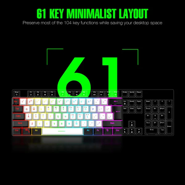 Teclado Jogos 61 Teclas RGB Backlight Mini Compacto USB-C - Imagem 4